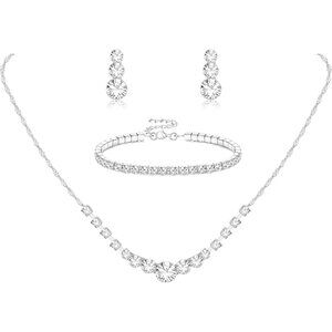 Silver Plated Jewelry Set for Women Rhinestone Crystal Necklace Drop Earrings Li